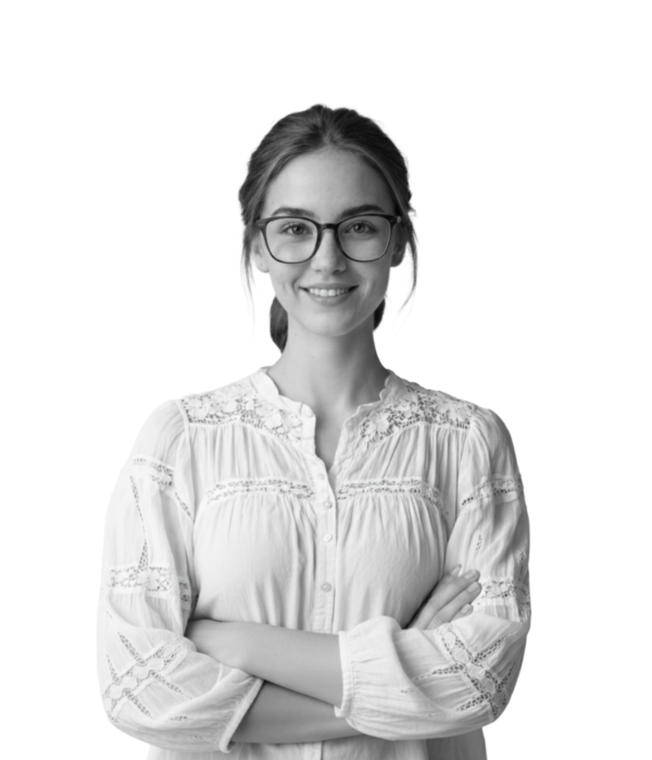 Black and white photo of a smiling professional woman wearing glasses. Black and white photo of a smiling professional woman wearing glasses on a purple gradient background. Text: 'Employers: Partnering with Game Studios & Growth-Focused Teams'.