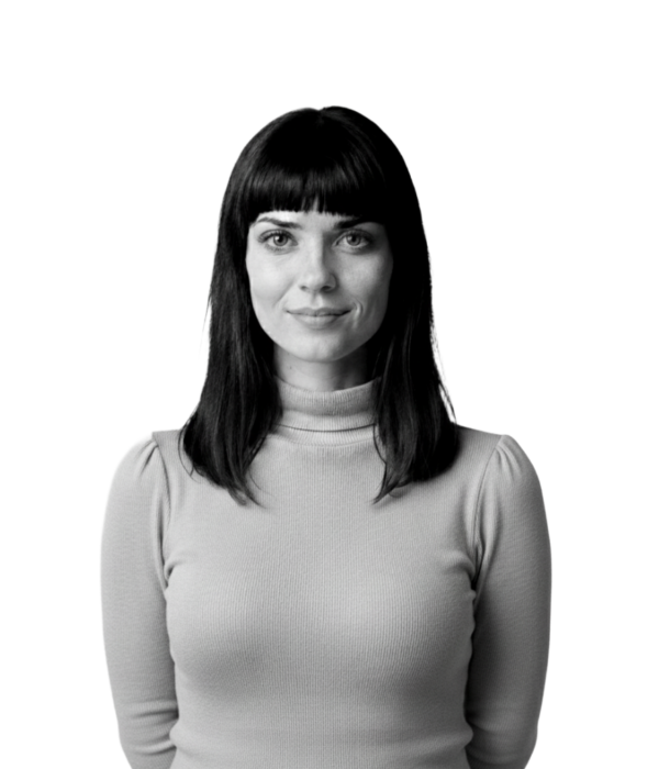 Black and white photo of a professional woman with dark hair and bangs. Black and white photo of a professional woman with dark hair and bangs on a purple gradient background. Text: 'Employers: Partnering with Game Studios & Growth-Focused Teams'.