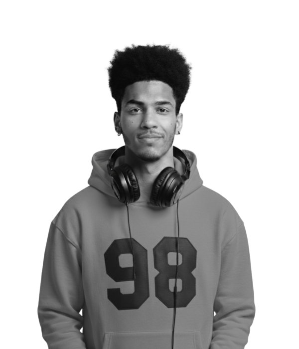 Black and white photo of a professional man in a hoodie with headphones around his neck. Black and white photo of a professional man in a hoodie with headphones around his neck. Text: 'Employers: Partnering with Game Studios & Growth-Focused Teams'.